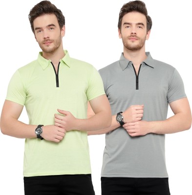 Tivy Solid Men Polo Neck Silver, Green T-Shirt