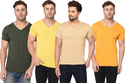 Bribzy Solid Men V Neck Green, Beige, Yellow T-Shirt
