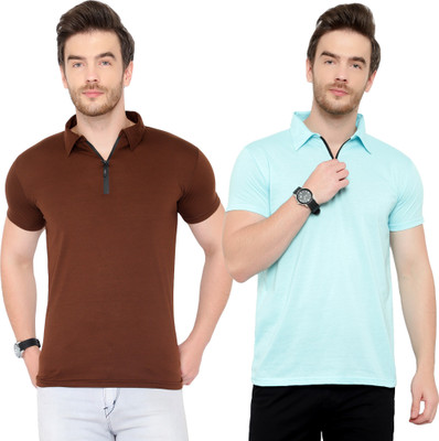 Adorbs Solid Men Polo Neck Brown, Blue T-Shirt