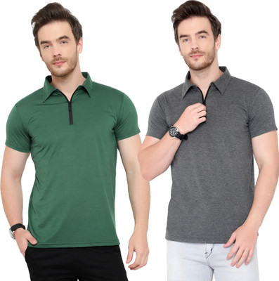 Adorbs Solid Men Polo Neck Dark Green, Grey T-Shirt