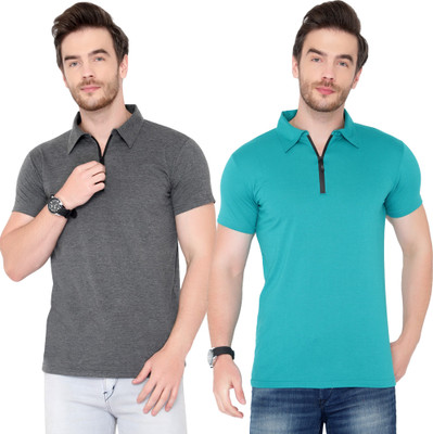 Behemoth Solid Men Polo Neck Green, Grey T-Shirt