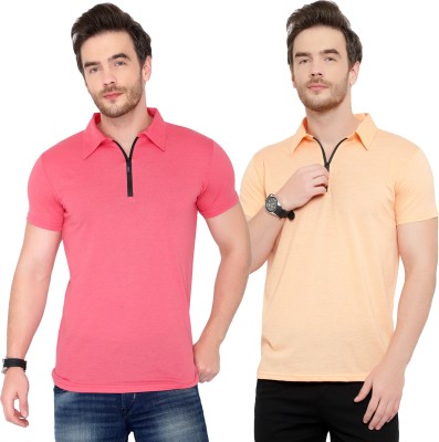 Tivy Solid Men Polo Neck Pink, Beige T-Shirt