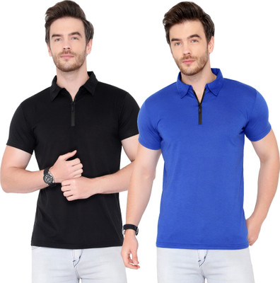 Moordale Solid Men Polo Neck Blue, Black T-Shirt