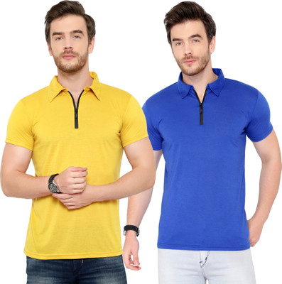 Jangoboy Solid Men Polo Neck Blue, Yellow T-Shirt