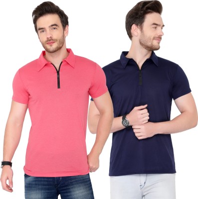 Adorbs Solid Men Polo Neck Dark Blue, Pink T-Shirt