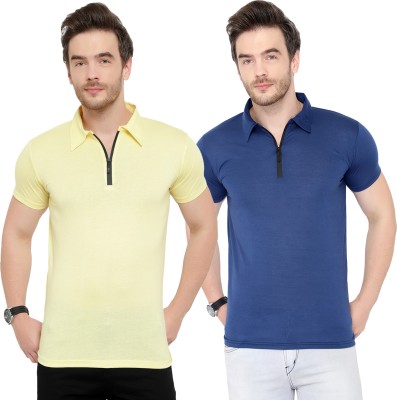 Jangoboy Solid Men Polo Neck Dark Blue, Yellow T-Shirt