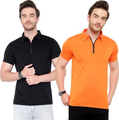 Jangoboy Solid Men Polo Neck Black, Orange T-Shirt