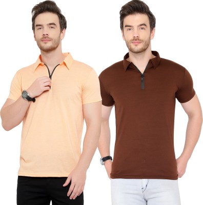 GAGCOBIA Solid Men Polo Neck Brown, Beige T-Shirt