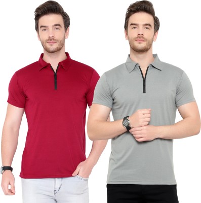 Jangoboy Solid Men Polo Neck Silver, Maroon T-Shirt