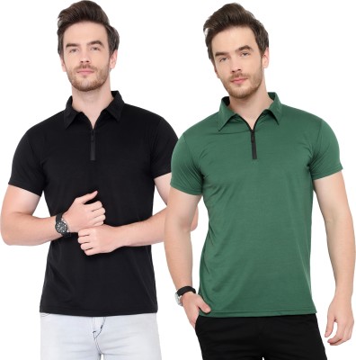 Behemoth Solid Men Polo Neck Dark Green, Black T-Shirt