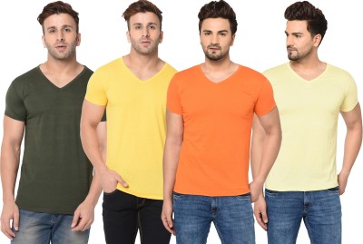 Unite Wear Solid Men V Neck Dark Green, Orange, Yellow T-Shirt