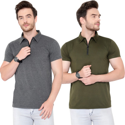Behemoth Solid Men Polo Neck Green, Grey T-Shirt