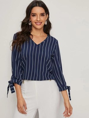 Istyle Can Casual 3/4 Sleeve Striped Women Blue Top