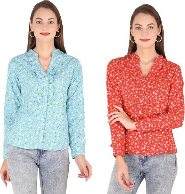 Maa Magic Fashion Casual Full Sleeve Floral Print Women Red, Blue Top