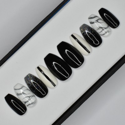 The NailzStation Glossy Black Marble Glitter Press on Nails Set in Coffin Black(Pack of 12)