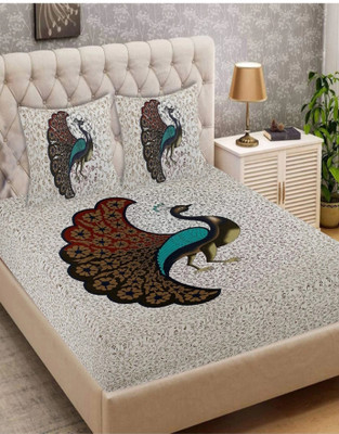 VIKANJALI FAB Cotton Double Flat 104 TC Jaipuri Prints Bedsheet(Pack of 1, White)