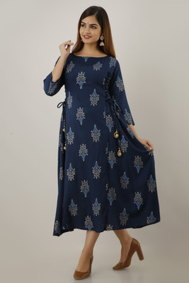 Lee Moda Women Printed Flared Kurta(Dark Blue)