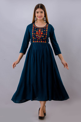 RAGHVI CREATIONS Women Embroidered Flared Kurta(Blue)