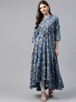 DIVENA Women Printed Flared Kurta(Blue)