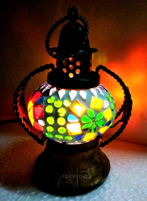 REKENSA Multicolor Glass, Iron, Wooden Hanging Lantern(18 cm X 12 cm, Pack of 1)