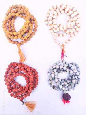 LETNIX cyan spritual nepali tulsi haldi vaijanti pack of 4 hindu japa malas with bag Wood Chain Set Wood Chain Set