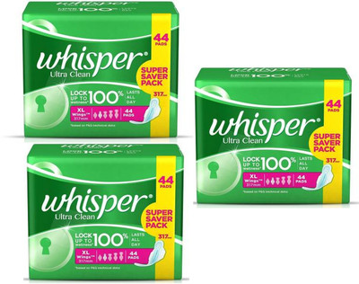 Whisper Ultra Clean Sanitary Pads - 44+44+44 Pads XL Wings Super Saver Pack Sanitary Pad Sanitary Pad(Pack of 132) Whisper Ultra Clean Sanitary Pads - 44+44+44 Pads XL Wings Super Saver Pack Sanitary Pad Sanitary Pad(Pack of 132)