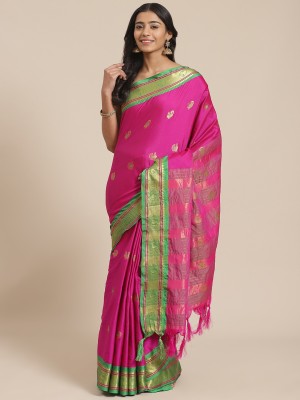 Grubstaker Woven Kanjivaram Cotton Silk Saree(Pink)