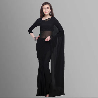 ANAND Solid/Plain Daily Wear Georgette Saree(Black)
