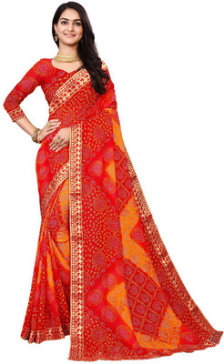 Kanooda Prints Printed Bandhani Georgette Saree(Red)