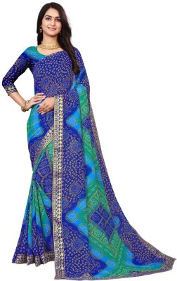 Kanooda Prints Printed Bandhani Georgette Saree(Blue)