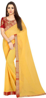Adirotz Solid/Plain Bollywood Chiffon Saree(Yellow)