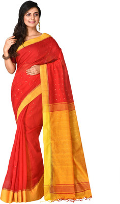 Mystory Embellished Bollywood Cotton Silk Saree(Red, Yellow)