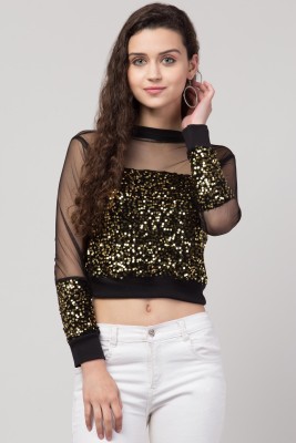 Fabitto Casual Full Sleeve Self Design Women Gold Top