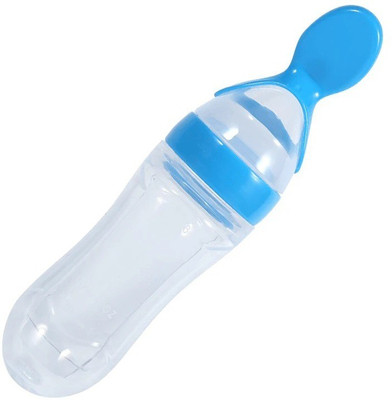 Non Toxic Squeezy Silicone Bottle with Spoon Dispenser - 90 ml(Blue)