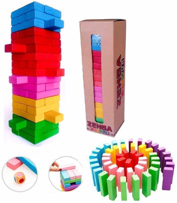 HRK 54 Pcs 1 Dice Challenging Color Wooden Blocks Tumbling Stacking Zenga Game for Adults and Kids Stacking and Balancing Block Toys with Dices - Multicolor(Multicolor)