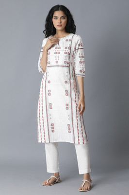 W Women Printed Straight Kurta(White)