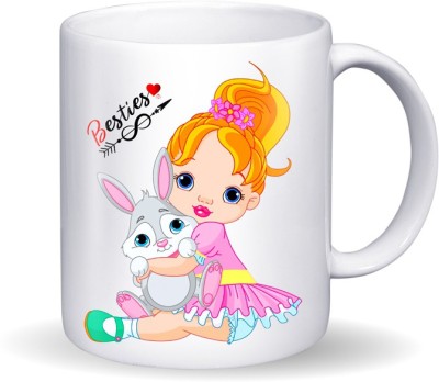 Ridhi Sidhi Design Cute Girl with Rabbit Cartoon Besties Printed Coffee-Love Milk,11Oz Tea Cup Gift for Best Friend Ceramic Coffee (325 ml) Ceramic Coffee Mug(325 ml)