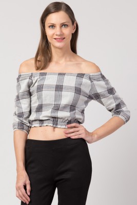 Hive91 Casual 3/4 Sleeve Checkered Women Grey Top