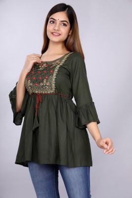 NIRALO Casual 3/4 Sleeve Embroidered Women Green Top