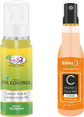 Sibley Beauty Oil Control Lemon Peel & Lemongrass oil Face Wash (1 x 100 ml) + Vitamin C Face Spray Mist Toner (1 x 200 ml) - Pack of 2 - bright & facial glow, soft, smooth and glowing skin, oily dry normal combination skin, men women girls boys.(2 Items in the set)