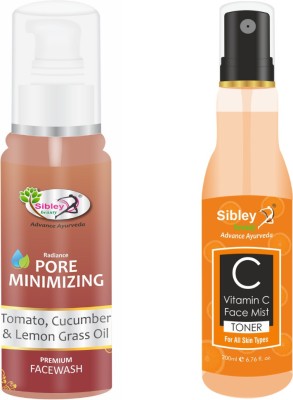 Sibley Beauty Pore Minimizing Tomato, Cucumber and Lemongrass oil Face Wash (1 x 100 ml) + Vitamin C Face Spray Mist Toner (1 x 200 ml) - Pack of 2 - bright & facial glow, soft, smooth and glowing skin, oily dry normal combination skin, men women girls boys.(2 Items in the set)