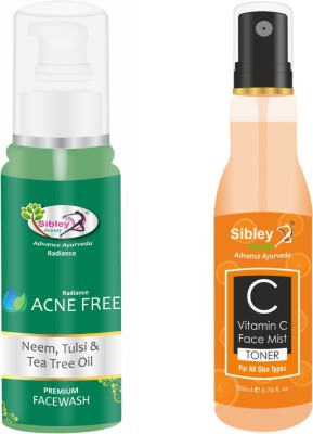 Sibley Beauty Neem Tulsi Tea Tree Oil Acne Face Foaming Face Wash (1 x 100 ml) + Vitamin C Face Spray Mist Toner (1 x 200 ml) - Pack of 2 - bright & facial glow, soft, smooth and glowing skin, oily dry normal combination skin, men women girls boys.(2 Items in the set)