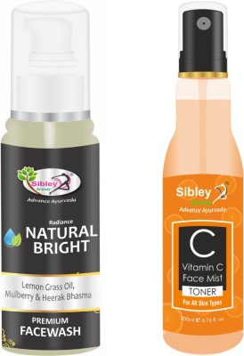 Sibley Beauty Natural Bright Lemongrass oil, Mulberry & Heerak Bhasma Face Wash (1 x 100 ml) + Vitamin C Face Spray Mist Toner (1 x 200 ml) - Pack of 2 - bright & facial glow, soft, smooth and glowing skin, oily dry normal combination skin, men women girls boys.(2 Items in the set)