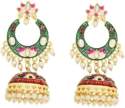 Oomph Red Maroon & Green Meenakari Enamel Floral Ethnic Beads, Crystal Brass, Metal Jhumki Earring