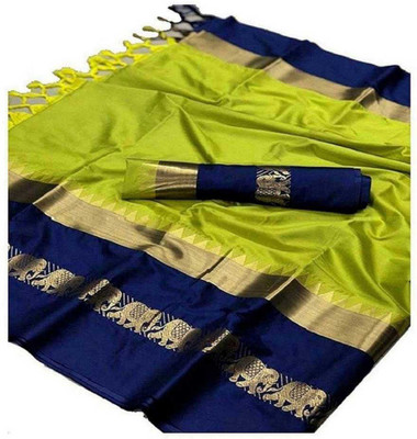 Aahirat Woven Kanjivaram Cotton Silk Saree(Dark Blue, Green)