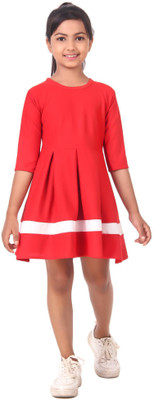 DyrectDeals Girls Midi/Knee Length Casual Dress(Red, 3/4 Sleeve)