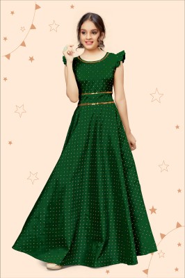 Kidotsav Girls Maxi/Full Length Festive/Wedding Dress(Dark Green, Sleeveless)