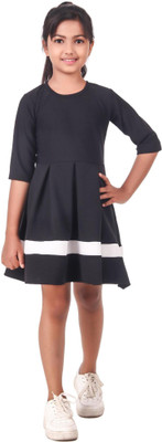DyrectDeals Girls Midi/Knee Length Casual Dress(Black, 3/4 Sleeve)
