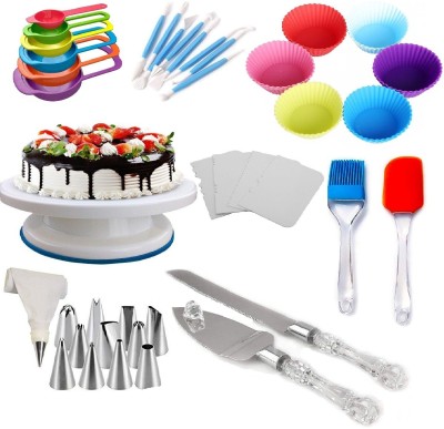 Unique Impex All In One Cake Making Tools Combo [8 in 1] -6 Cup Cake Moulds + Modeling Tool Set + Cake Rotate Turntable + 6 Pcs Multi-Color Measuring Spoon + Silicone Spatula and Brush Set + 4 Pcs Scraper set + 12 Piece Cake Decorating Set with Piping Bag + Stainless Steel Cake Knife and Server Set 