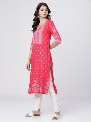 Vishudh Women Printed Straight Kurta(Pink)